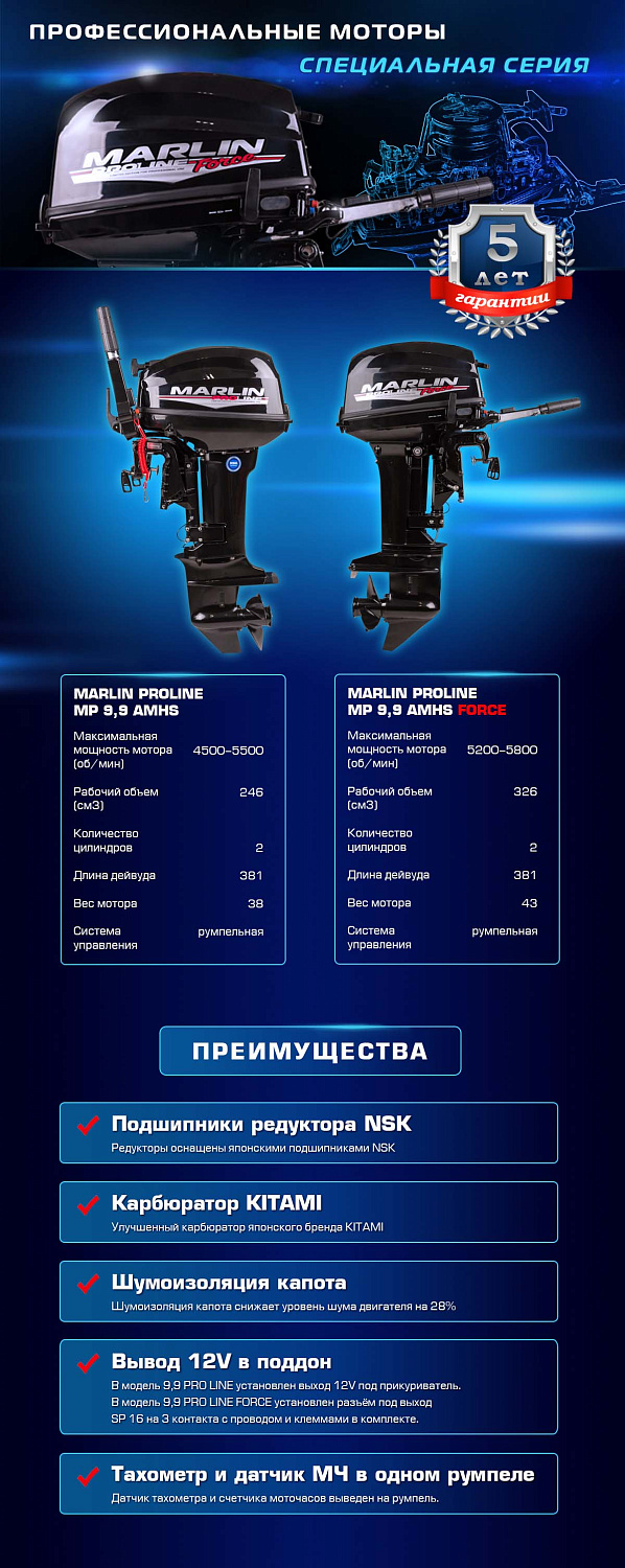 Лодочный мотор MARLIN PROLINE MP 9.9 (20) AMHS FORCE в Оренбурге